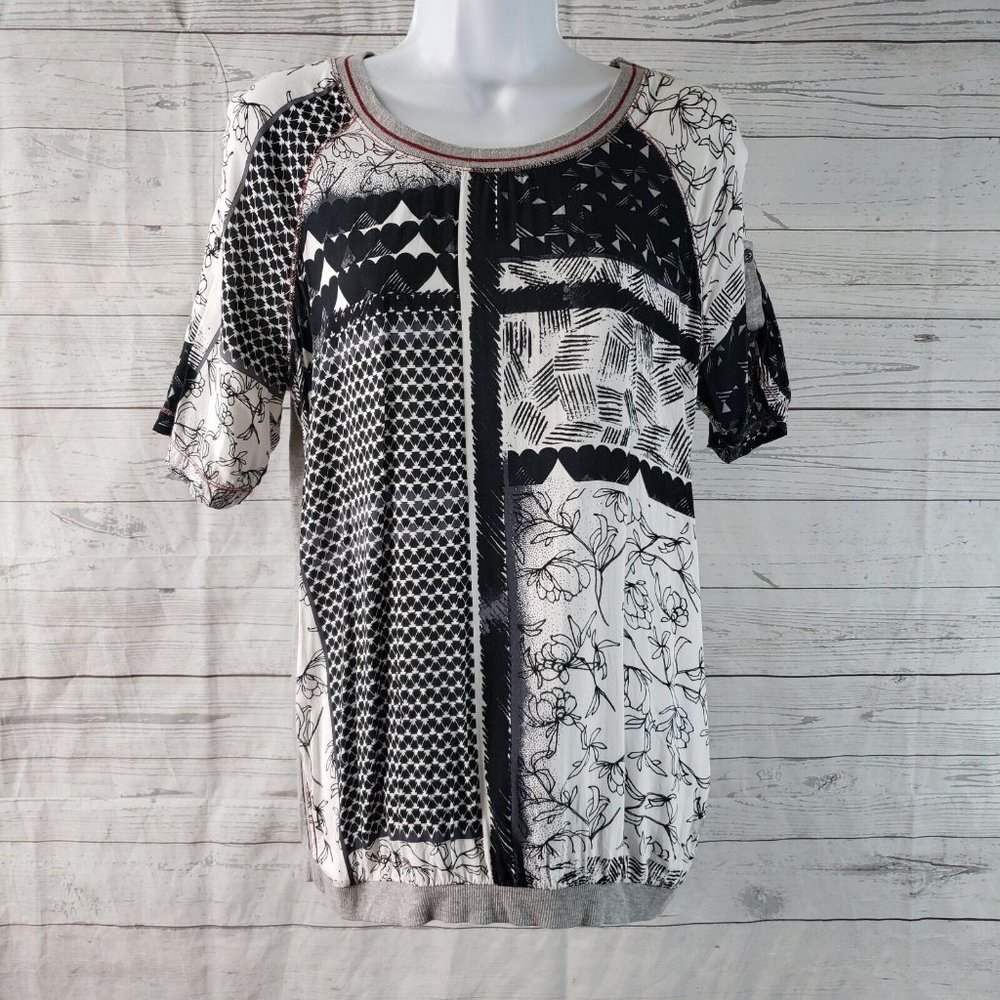 Cecil Womens Printed Top Sz Medium Black Gray Floral Short Sleeve Cotton Blend